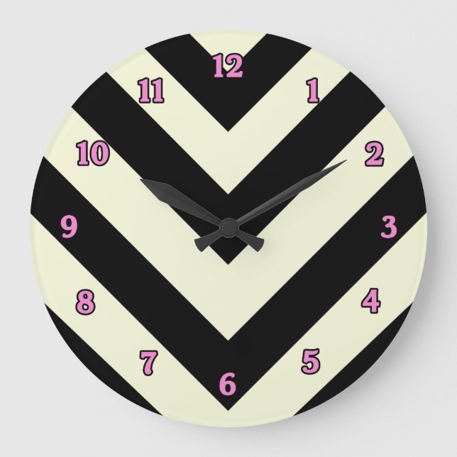 Black and White Chevron Mönster Clock Stor Klocka (Framsida)