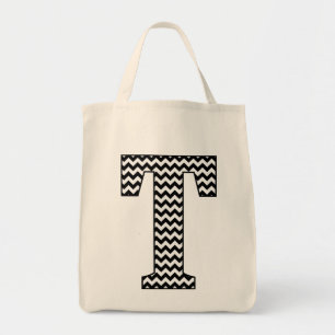 Black and White Chevron "T" Tote Bag Tygkasse