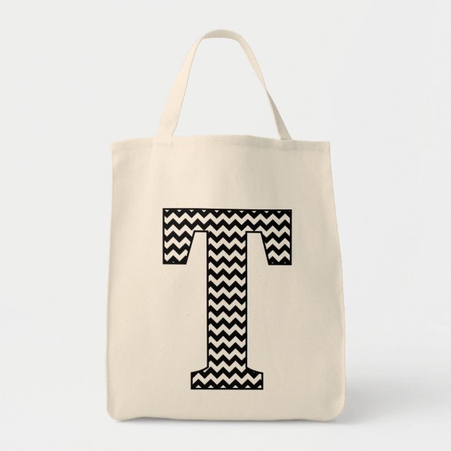 Black and White Chevron "T" Tote Bag Tygkasse (Framsidan)