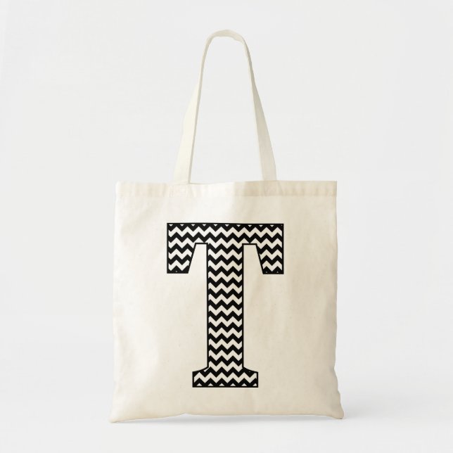 Black and White Chevron "T" Tote Bag Tygkasse (Framsidan)