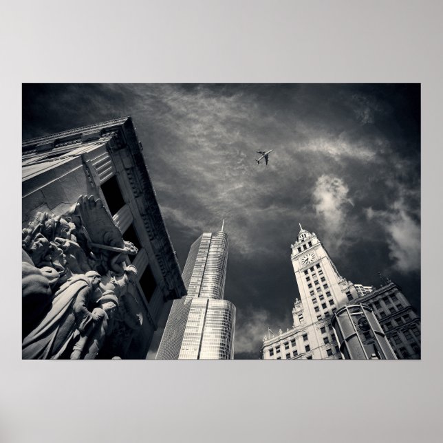 Black and White Chicago City Skyline med flygplan Poster (Framsidan)