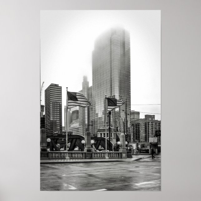 Black and White Chicago City View Photo Print Poster (Framsidan)