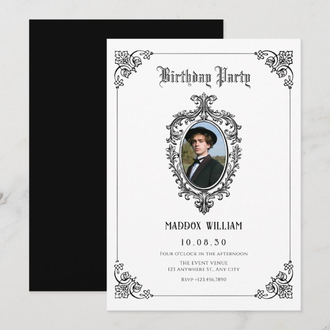 Black and white Classic gothic-fotofödelsedag Inbjudningar (Fram/baksida)
