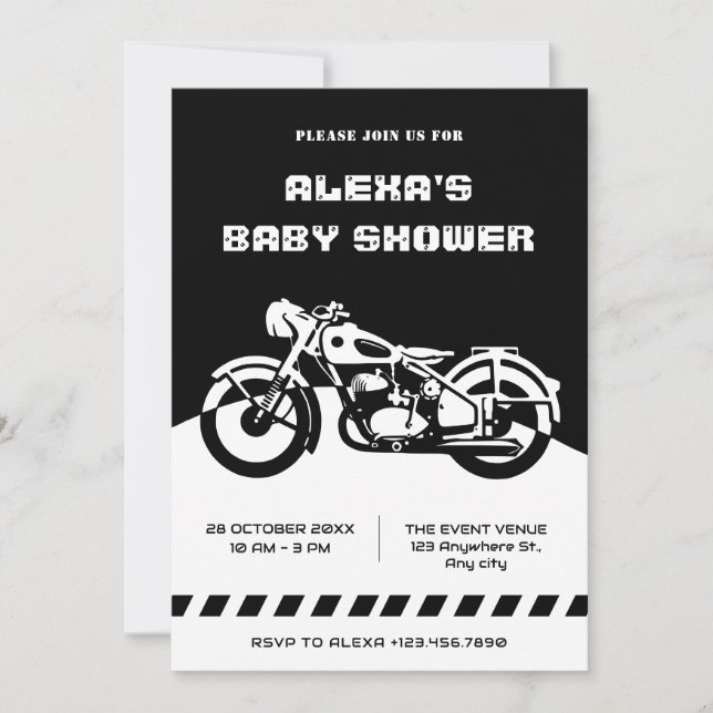 Black and White Classic Motorcycle Baby-dusch Inbjudningar (Framsida)