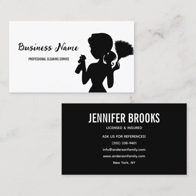 Black and white Cleaning Service Housekeeper Maid Visitkort (Fram/baksida)