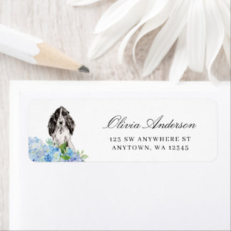 Black and White Cocker Spaniel Blue Hydrangea Returadress Etikett