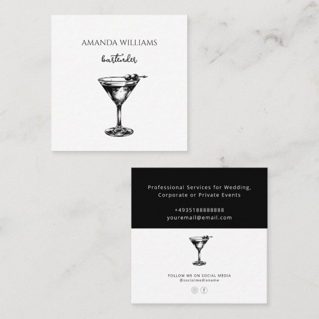 Black and White Cocktail Professionell Bartender Fyrkantigt Visitkort (Fram/baksida)