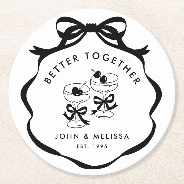 Black and White Coquette Bow  Better Together Underlägg Papper Rund (Framsidan)