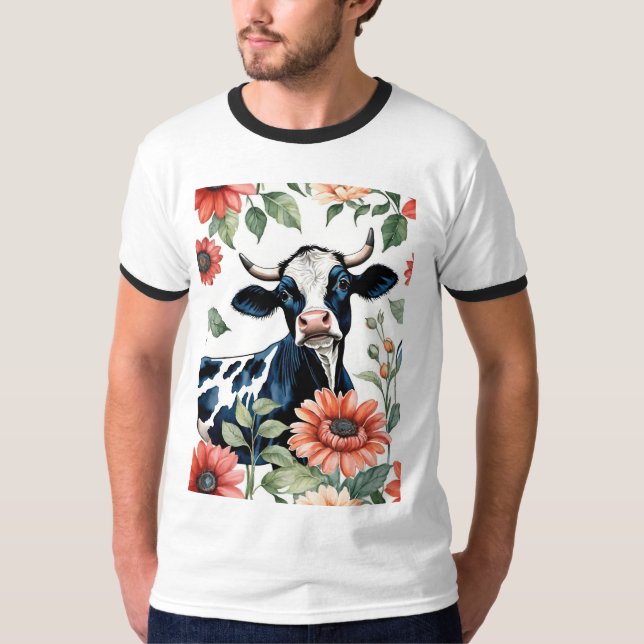 Black And White Cow With Orange Flowers T Shirt (Framsida)