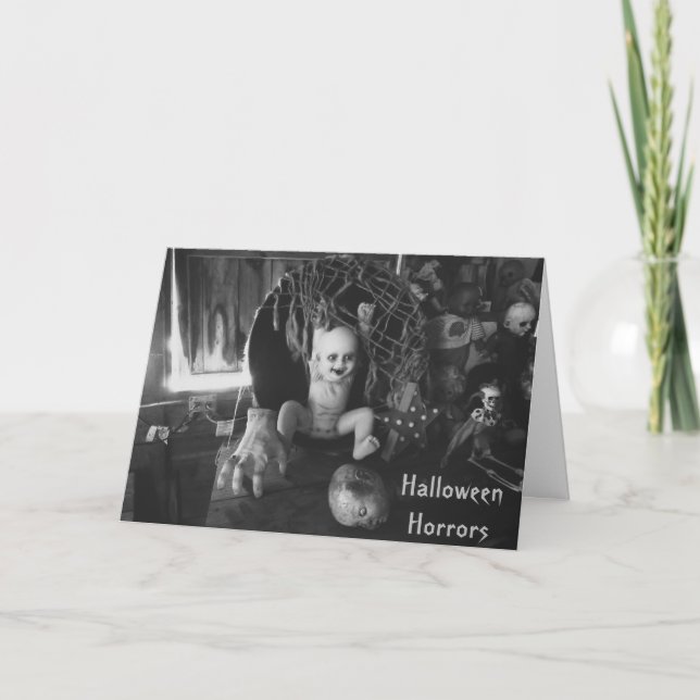 Black and White Creepy Baby Doll Halloween Card Helgkort (Framsida)
