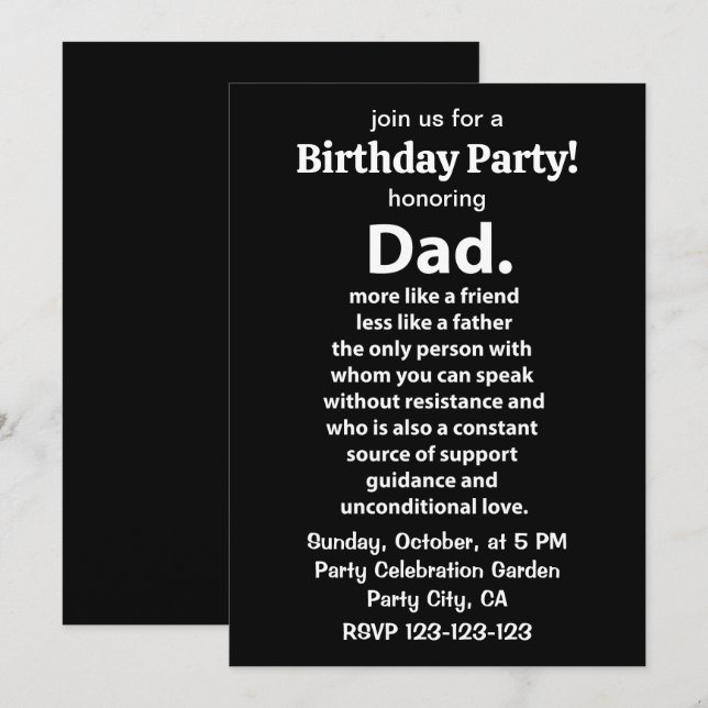 Black and White Dad Daddy Quote Birthday Party Inbjudningar (Fram/baksida)