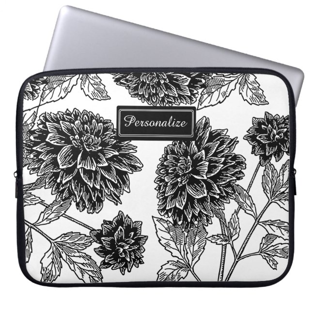 Black and White Dahlia Pattern Personalised Laptop Fodral (Framsidan)