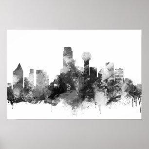 Black and White Dallas Skyline Print Poster