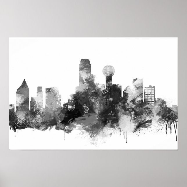 Black and White Dallas Skyline Print Poster (Framsidan)
