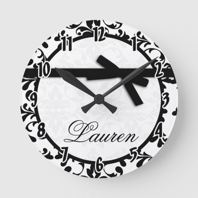 Black and White Damask Black Bow Clock Rund Klocka (Framsida)
