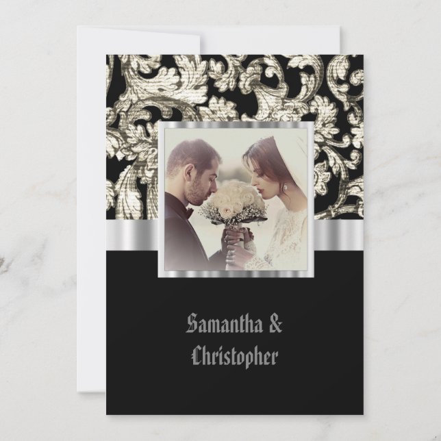 Black and white damask wedding photo invitation inbjudningar (Baksida)