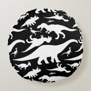 Black and White Dinosaur Mönster Rund Kudde