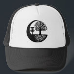 Black and White Disc Golf Silhouette  Keps<br><div class="desc">Disc golf themed trucker hat. Black and white disc golf basket and tree roots silhouette.</div>