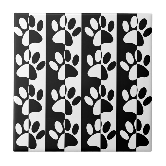 Black And White Dog Paws And Stripes Seamless Kakelplatta (Framsidan)