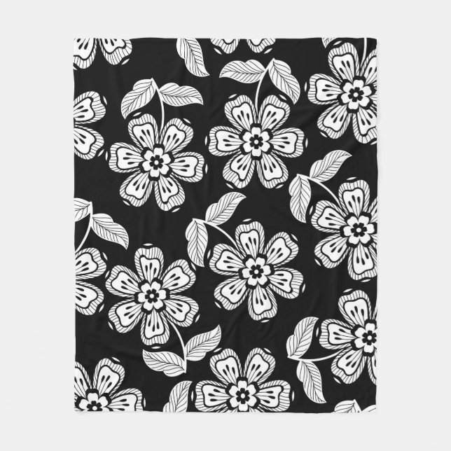 Black and white doodle flower patternblack,abstrac fleecefilt (Framsidan)