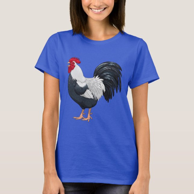 Black and White Dorking Chicken Tupp Crowing T Shirt (Framsida)