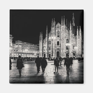 Black and White Duomo Piazza Night Scene, Milano Magnet