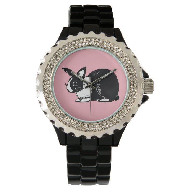 Black and White Dutch Rabbit with Rosa Wristwatch Armbandsur (Framsida)