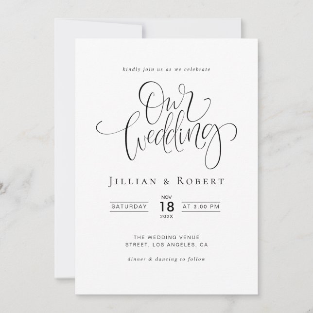 black and white elegant script wedding invitation inbjudningar (Framsida)