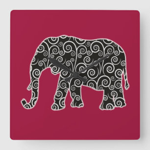 Black and White Elephant på Red Fyrkantig Klocka