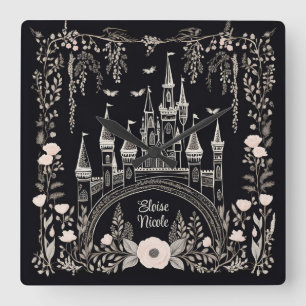Black and White Fairytale Castle Illustration Fyrkantig Klocka