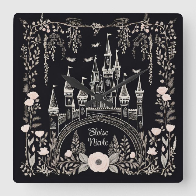 Black and White Fairytale Castle Illustration Fyrkantig Klocka (Framsida)