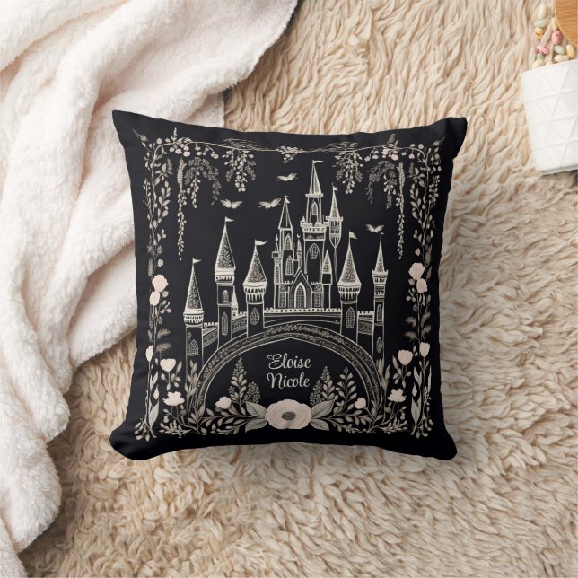 Black and White Fairytale Castle Illustration Kudde (Filt)