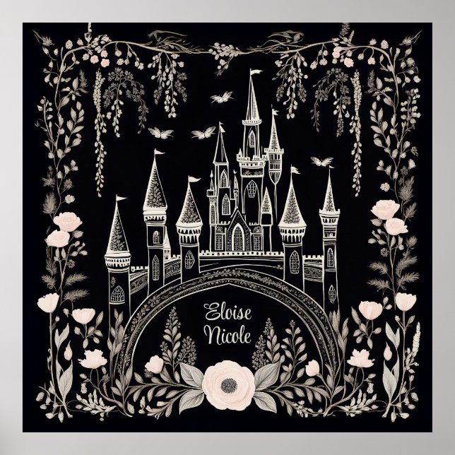 Black and White Fairytale Castle Illustration Poster (Framsidan)