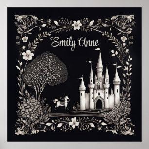 Black and White Fairytale Castle med Horse Poster