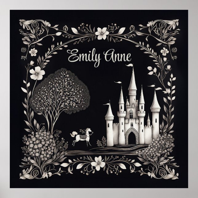 Black and White Fairytale Castle med Horse Poster (Framsidan)