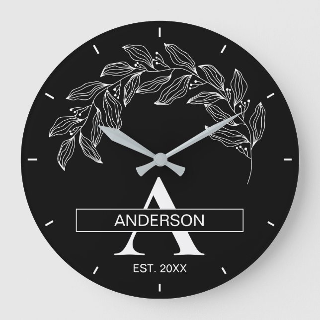 Black and White Family Name Monogrammed Stor Klocka (Framsida)