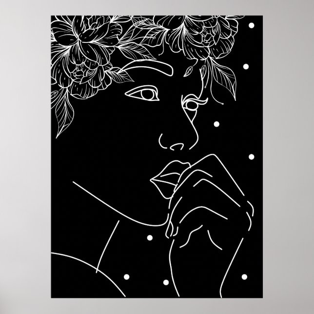 Black and White Feminine Floral Kiss Line Art Poster (Framsidan)