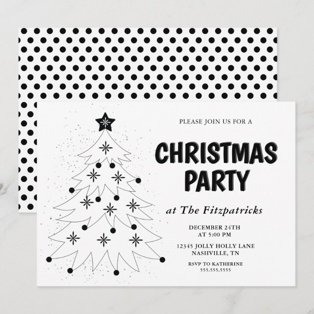 Black and White Festive Tree Christmas Party Inbjudningar (Fram/baksida)