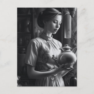Black and White Film Noir Woman Kitchen Tea Vykort