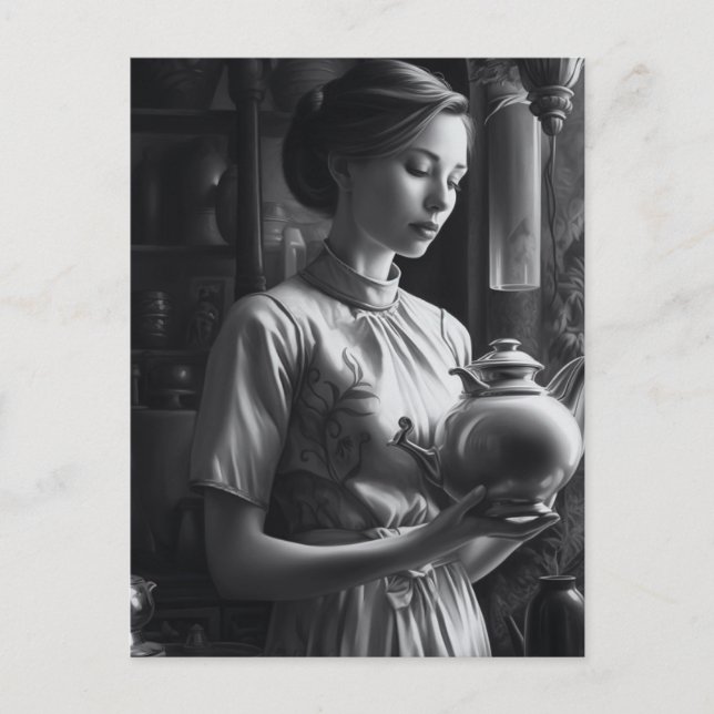 Black and White Film Noir Woman Kitchen Tea Vykort (Framsida)