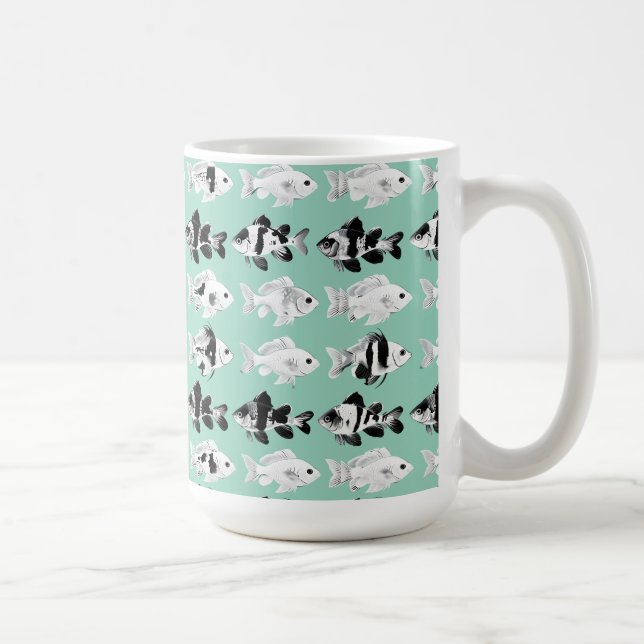 Black and white fish on teal background  kaffemugg (Höger)
