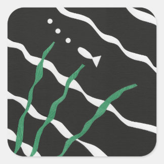 Black and White Fish with bubbles and seaweed Fyrkantigt Klistermärke