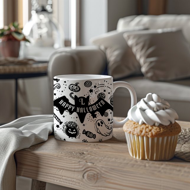 Black and White Fladdermus Halloween Lineart Två-Tonad Mugg (Skapare uppladdad)