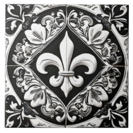 Black and White Fleur de Lis Kakelplatta