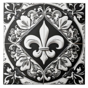 Black and White Fleur de Lis Kakelplatta