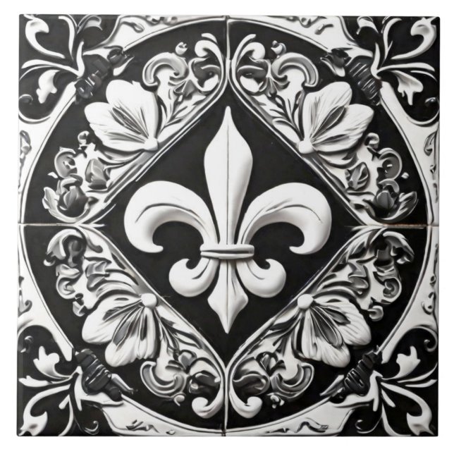 Black and White Fleur de Lis Kakelplatta (Framsidan)