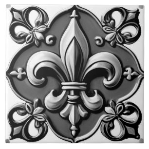 Black and White Fleur de Lis Kakelplatta