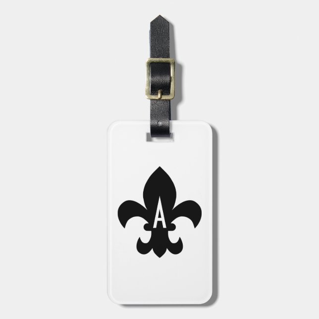 Black and White Fleur de Lis Monogram Bagagebricka (Vertikal Framsida)