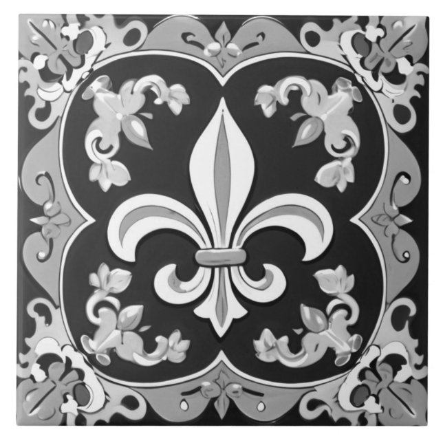Black and White Fleur de Lis Tile Ceramic Kakelplatta (Framsidan)