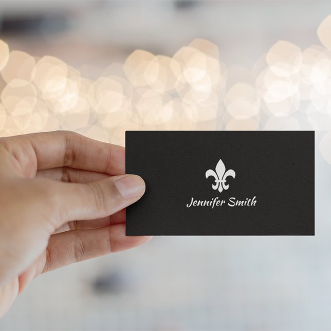 Black and White Fleur de Lis Visitkort (Replace the fleur de lys and create your own black background logo business cards.)